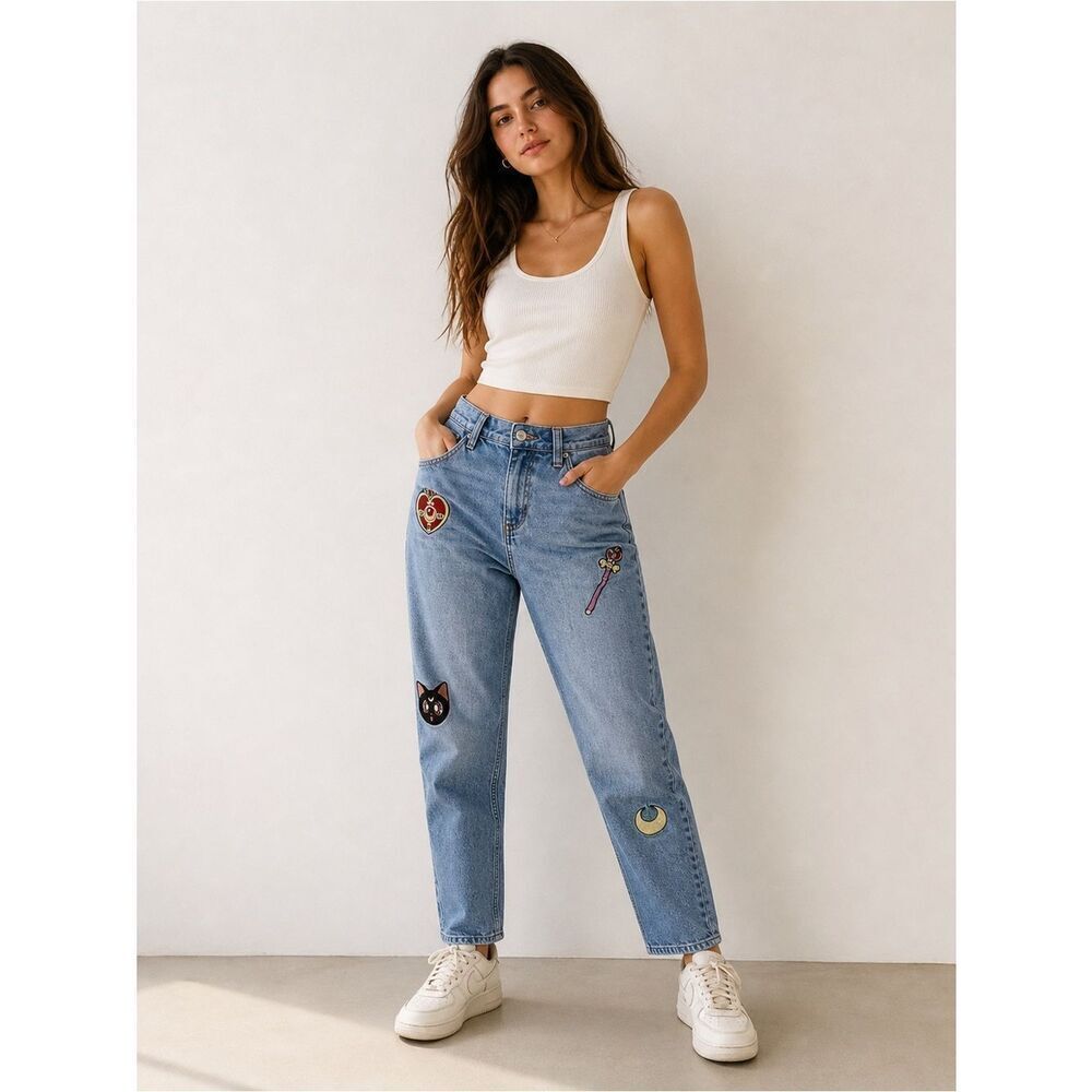 Sailor Moon Icons Embroidered Mom Jeans in Light Wash size 5